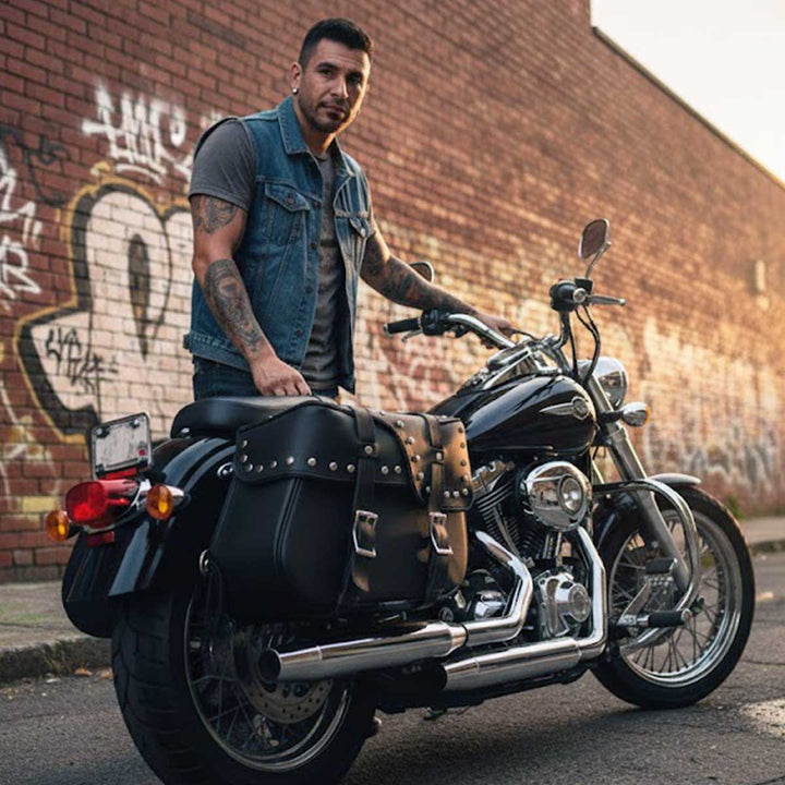 Milwaukee Leather SH645ZB Black 2-Strap PVC Zip Off Throw Over Motorcycle Saddlebags with Chrome Studs