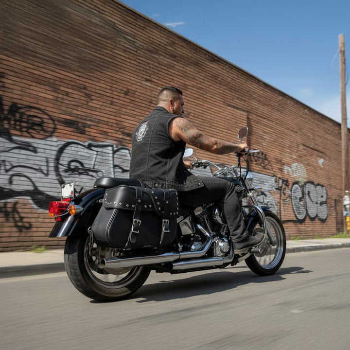 Milwaukee Leather SH645ZB Black 2-Strap PVC Zip Off Throw Over Motorcycle Saddlebags with Chrome Studs