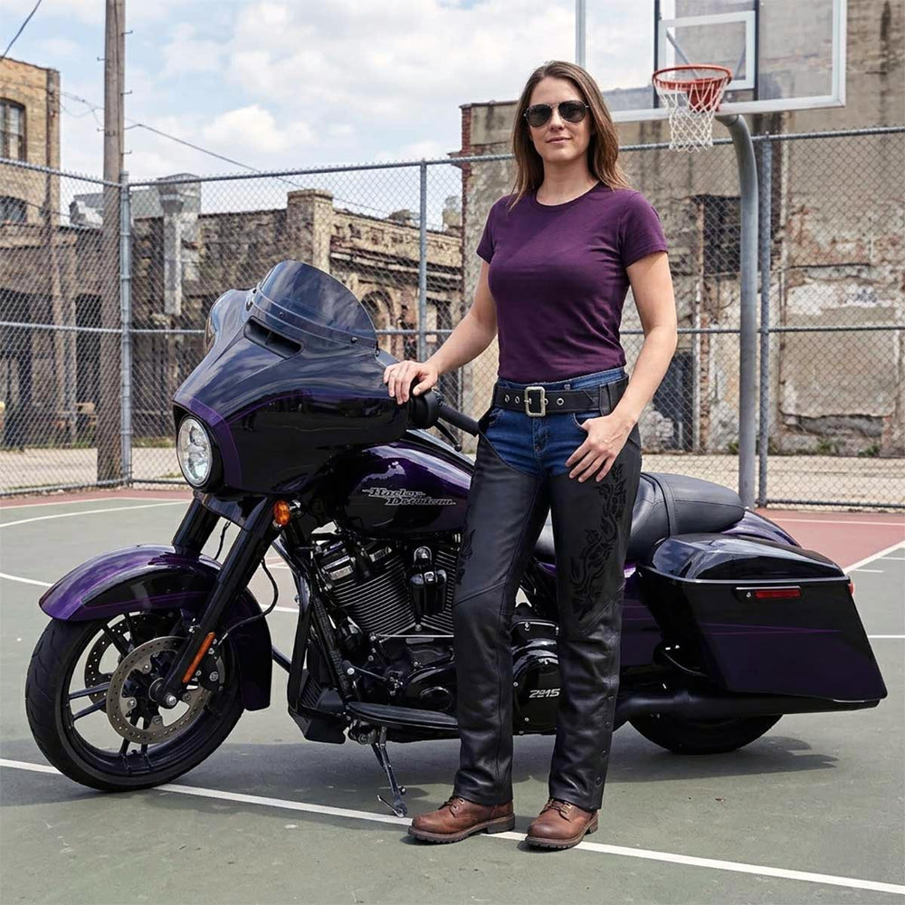 Milwaukee Leather Women's Leather Motorcycle Chaps w/ Embroidery Detail, Adjustable Fit Riding Gear - LKL16701
