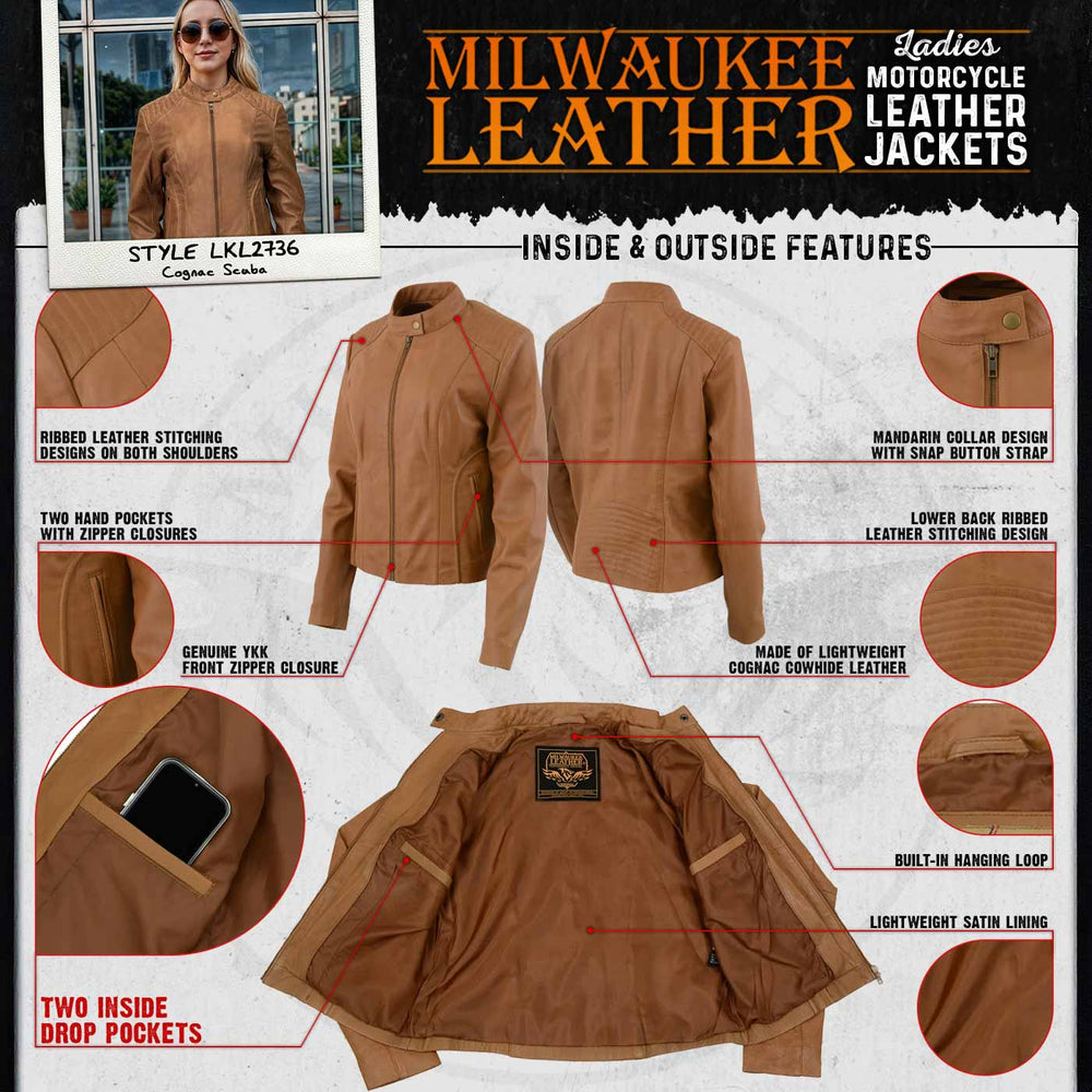 Milwaukee Leather LKL2736 Women's Cognac Premium Leather Scuba Style Biker Jacket w/ Mandarin Collar