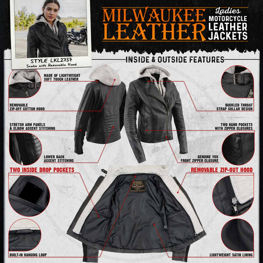 Milwaukee Leather LKL2737 Women's Black Premium Leather Motorcycle Biker Racer Style Scuba Jacket w/ Hoodie