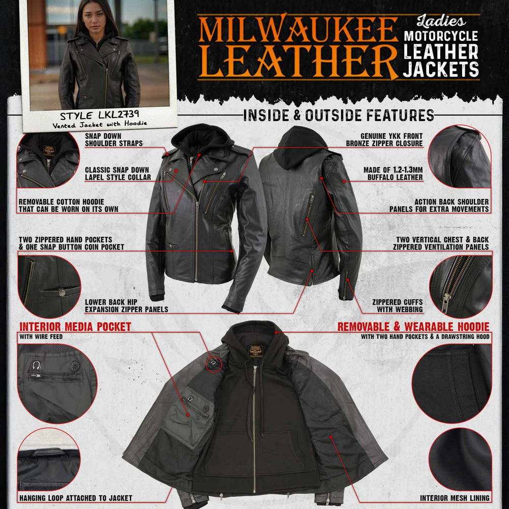 Milwaukee Leather LKL2739 Women's Black Premium Leather Vented Motorcycle Biker Jacket w/ Hoodie