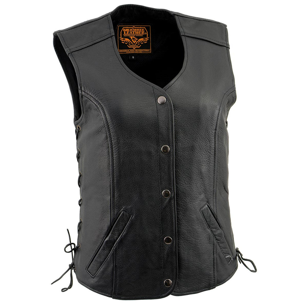 Milwaukee Leather LKL4700 Women's Black Premium Leather Side Laced  Motorcycle Biker Riders Vest w/ Snap Closure