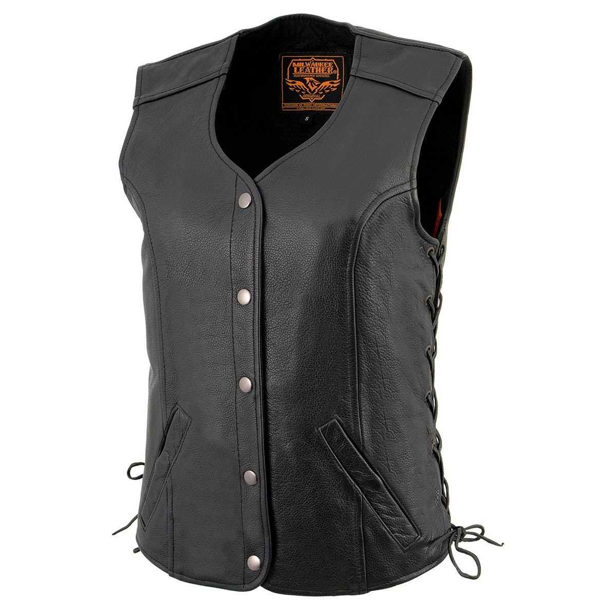 Milwaukee Leather LKL4700 Women's Black Leather Side Laces Round V-Neck Motorcycle Rider Vest with 4-Snaps Closure