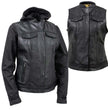 Milwaukee Leather Women's Tara Black Leather Motorcycle Rider 2-in-1 Convertible Hoodie Jacket Vest - LKL4712