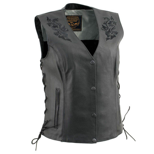 Milwaukee Leather Women's Gemma Black Leather Motorcycle Vest with Side Laces - LKL4716