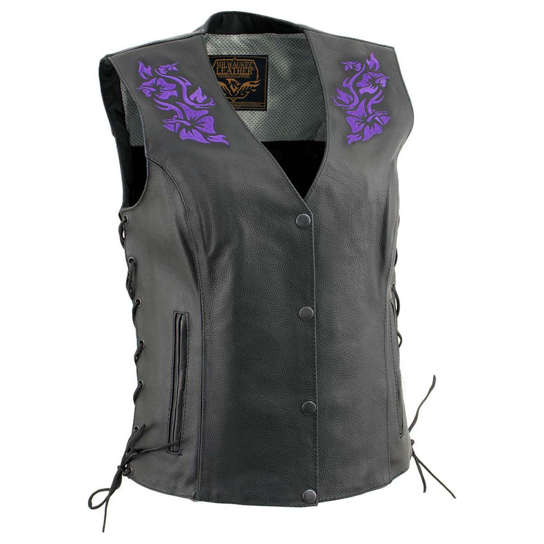 Milwaukee Leather Women's Bling V-Neck Leather Motorcycle Vest with Rhinestone Detail