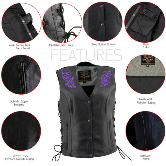Milwaukee Leather Women's Bling V-Neck Leather Motorcycle Vest with Rhinestone Detail