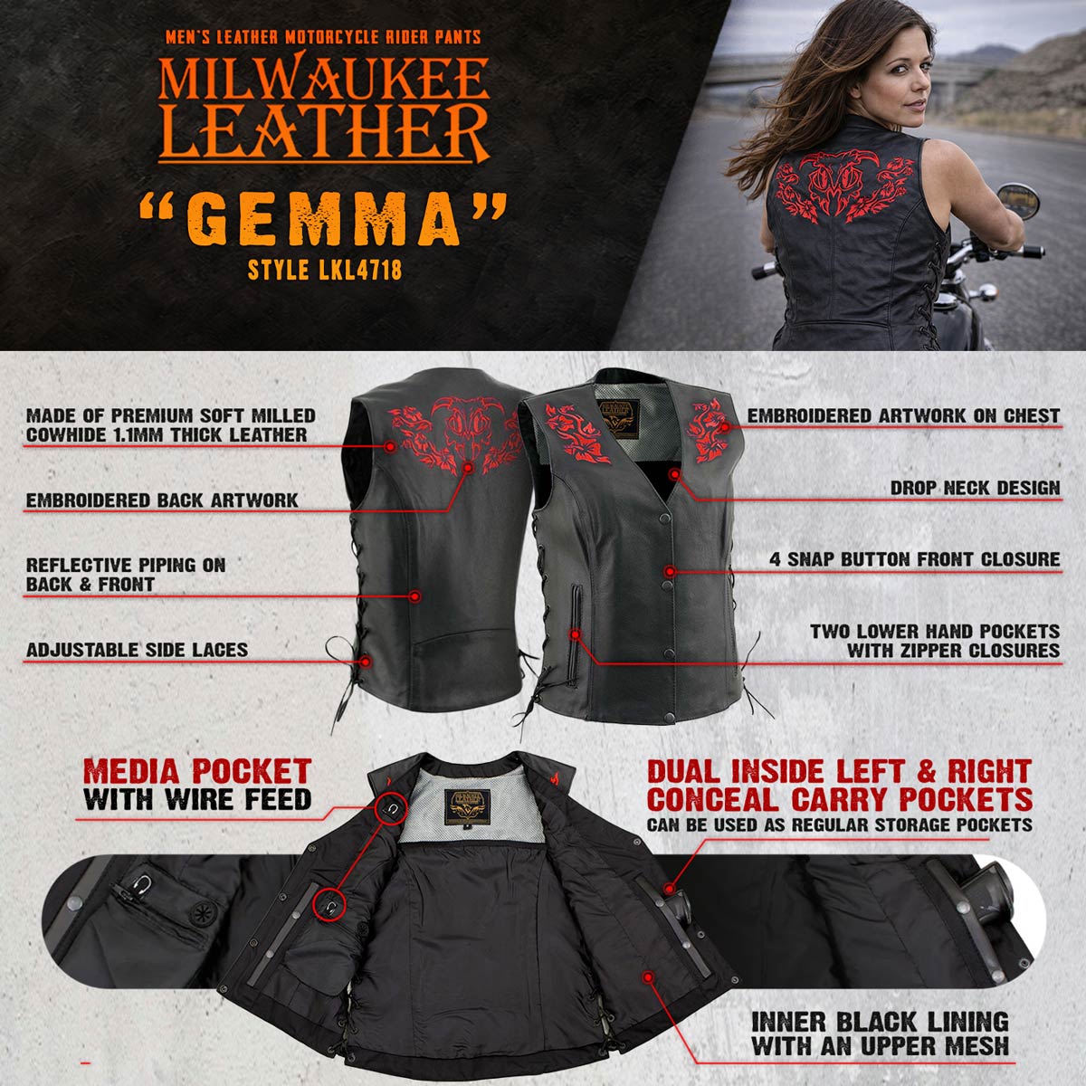 Milwaukee Leather Women's Gemma Black Leather Motorcycle Vest with Side Laces