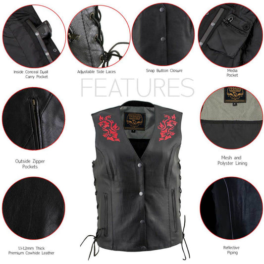 Milwaukee Leather Women's Gemma Black and Red Leather Motorcycle Vest with Side Laces - LKL4718
