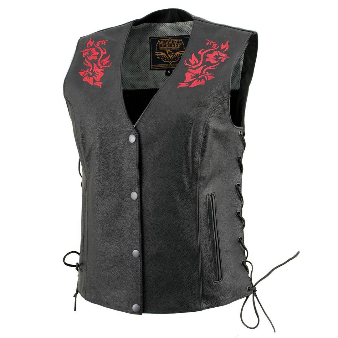 Milwaukee Leather Women's Gemma Black and Red Leather Motorcycle Vest with Side Laces - LKL4718