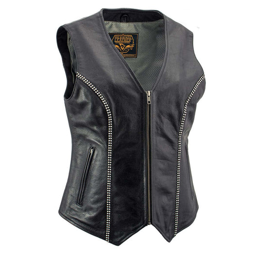 Milwaukee Leather Women's 'Bling' Black Leather V-Neck Motorcycle Rider Vest with Rhinestone Detail - LK4721