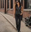 Milwaukee Leather Women's 'Bling' Black Leather V-Neck Motorcycle Rider Vest with Rhinestone Detail - LK4721