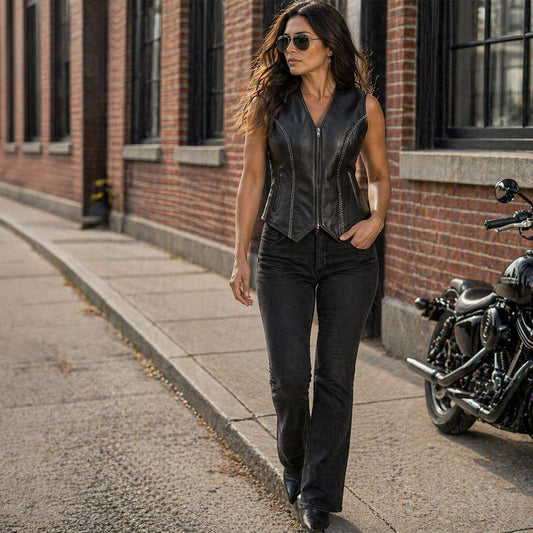 Milwaukee Leather Women's 'Bling' Black Leather V-Neck Motorcycle Rider Vest with Rhinestone Detail - LK4721