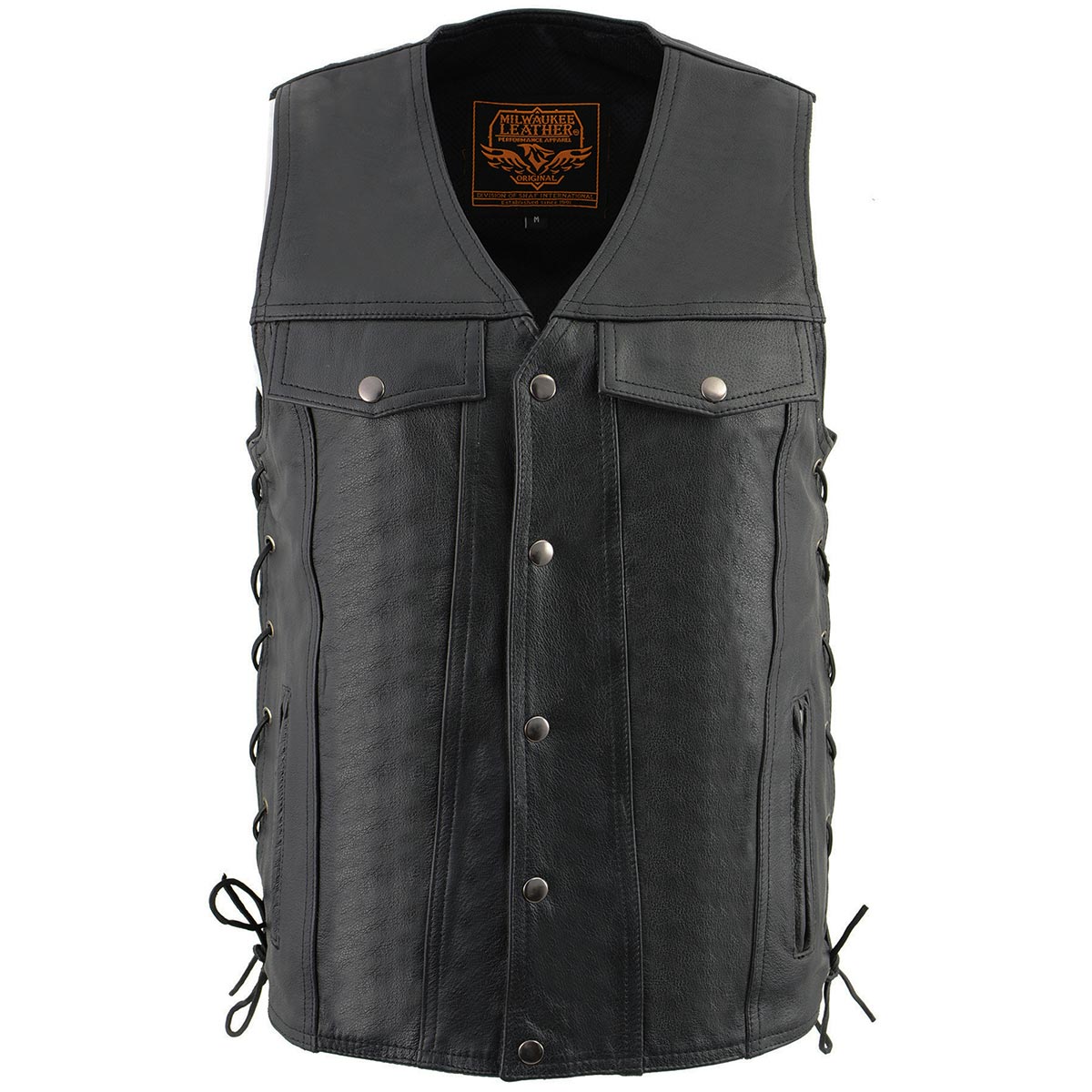 Milwaukee Leather LKM1360 Men's Black Leather Classic V-Neck Motorcycle Rider Vest w/ Snap Closure and Side Laces