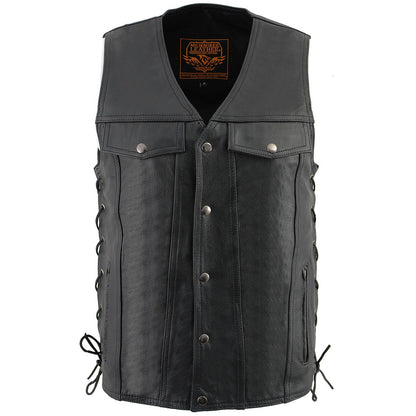 Milwaukee Leather LKM1360 Men's Black Leather Classic V-Neck Motorcycle Rider Vest w/ Snap Closure and Side Laces