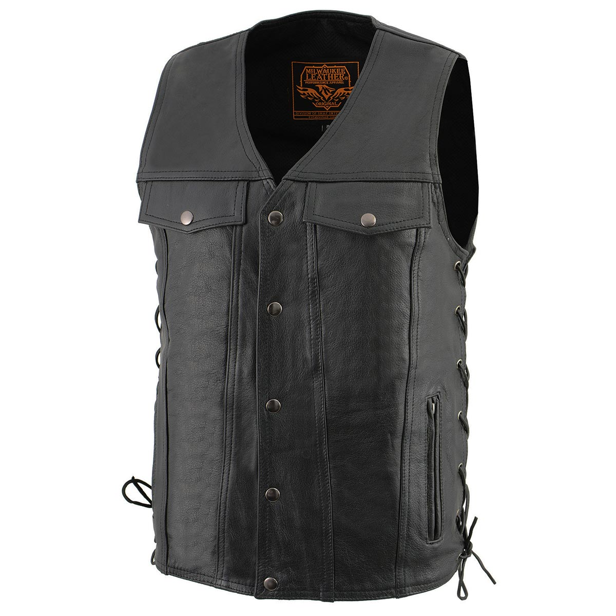 Milwaukee Leather LKM1360 Men's Black Leather Classic V-Neck Motorcycle Rider Vest w/ Snap Closure and Side Laces