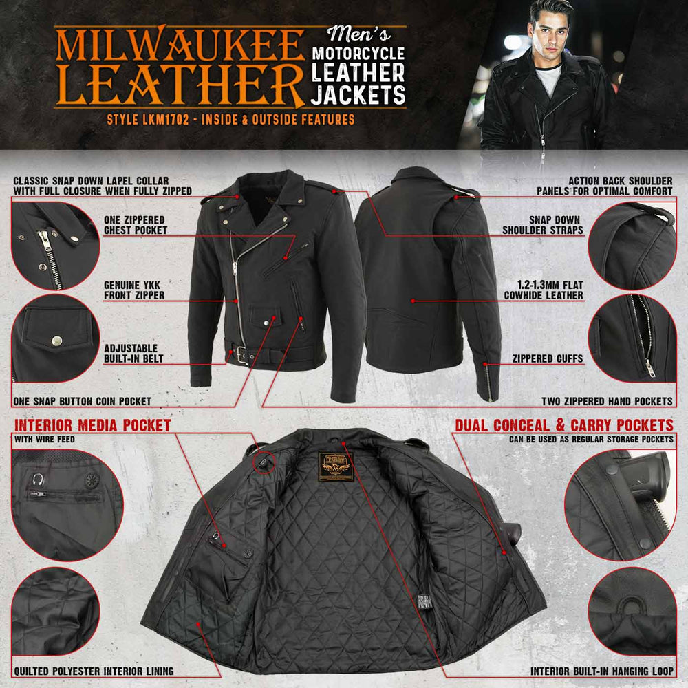 Milwaukee Leather LKM1702 Men's Vintage Flat Black Motorcycle Biker Leather Jacket w/ CE Armor Protection