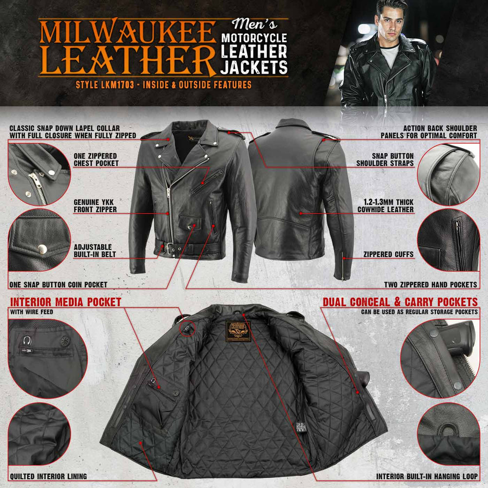 Milwaukee Leather LKM1703 Men's Classic Black Premium Leather Motorcycle Biker Rider Jacket