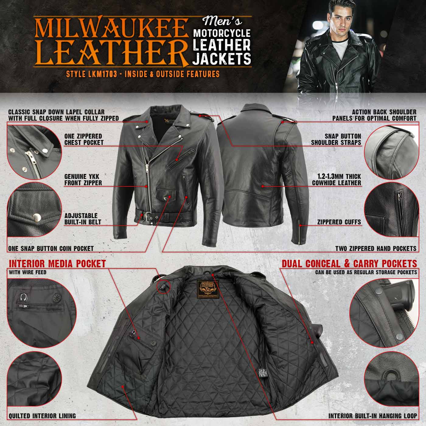 Milwaukee Leather LKM1703 Men's Classic Black Premium Leather Motorcycle Biker Rider Jacket