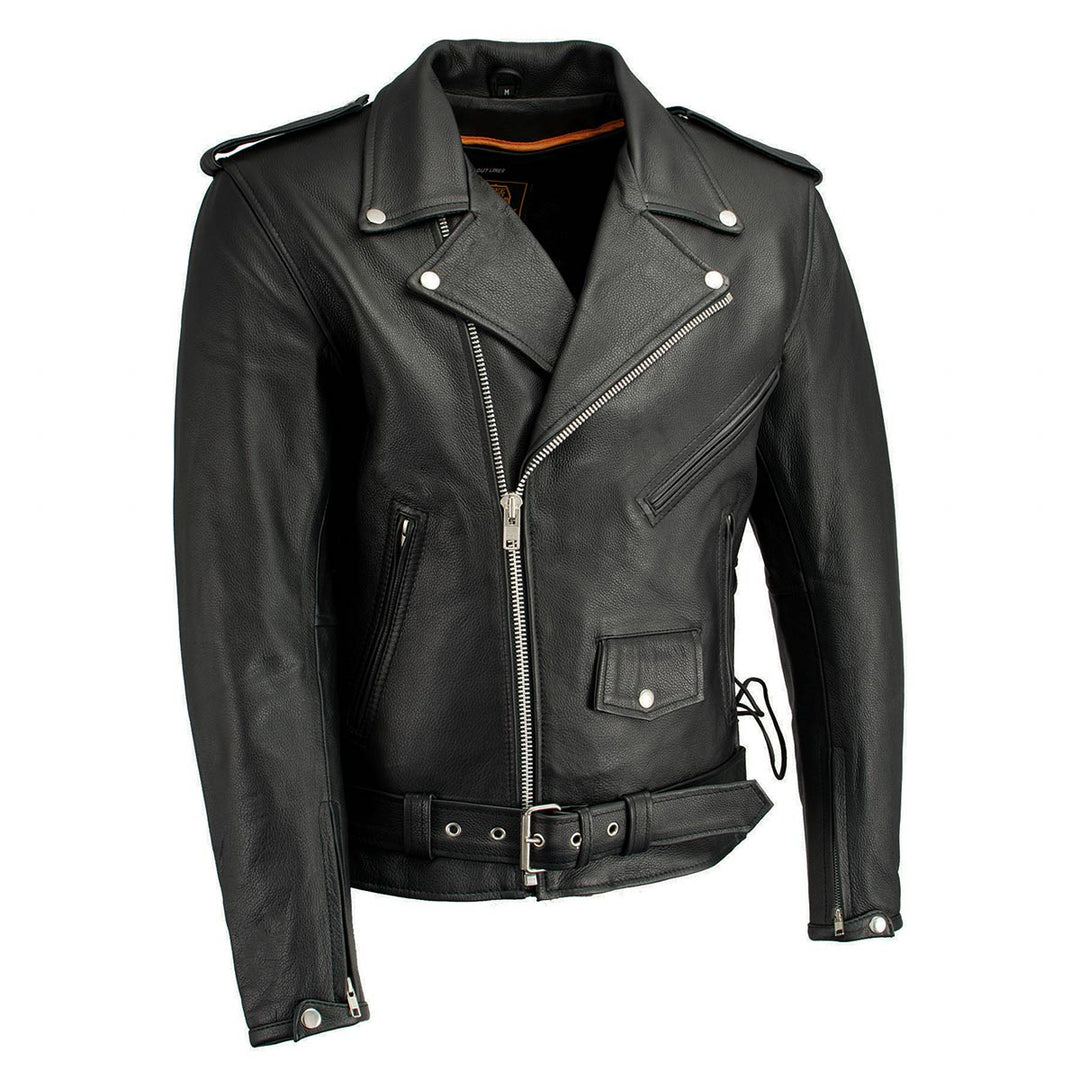 Milwaukee Leather Men's Premium Black Leather Motorcycle Jacket - Vintage Police Style w/ Side Lace - LKM1711