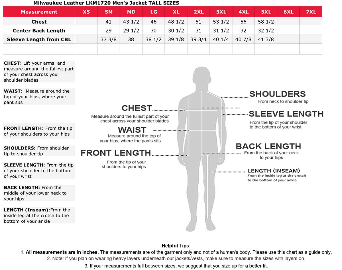 Milwaukee Leather LKM1720T Men's Tall Sizes Black Premium Leather