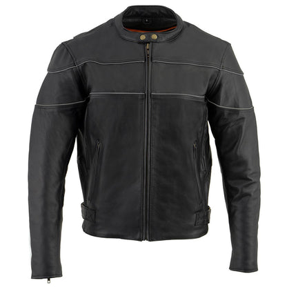 Milwaukee Leather LKM1785 Mens Black Leather Racer Style Motorcycle Jacket w/ Side Stretch and Reflective Piping