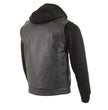 Milwaukee Leather LKM3714 Men's Black Club Style '2 in 1' Zipper Leather Vest with Removable Full Sleeve Hoodie