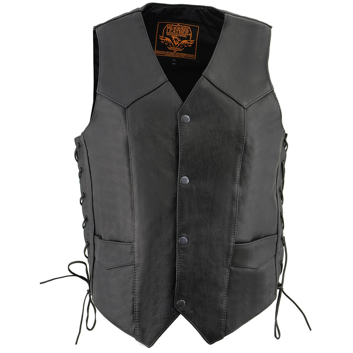 Milwaukee Leather LKM3731 Men's Black Leather Classic Side Lace V-Neck Motorcycle Rider Vest w/ Front Snap Closure