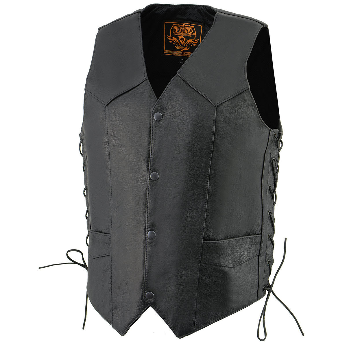 Milwaukee Leather LKM3731 Men's Black Leather Classic Side Lace V-Neck Motorcycle Rider Vest w/ Front Snap Closure