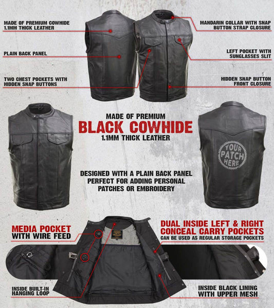 Milwaukee Leather Men's Quick Draw Black Cowhide Leather Motorcycle Vest - LKM3794