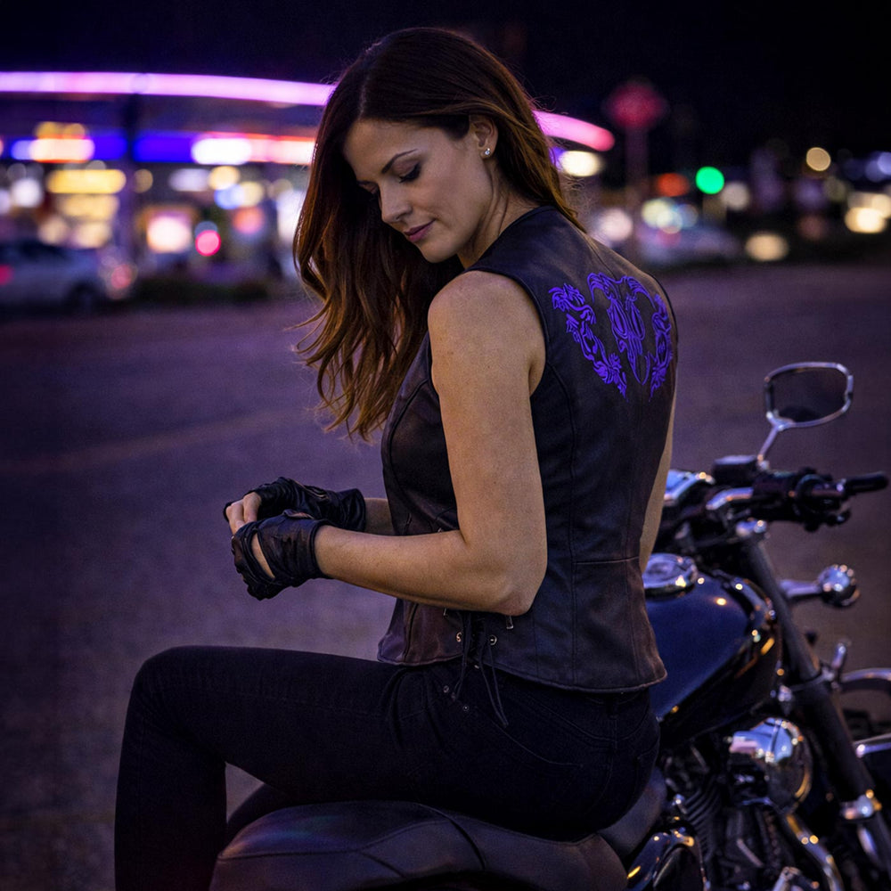 Milwaukee Leather Women's Bling V-Neck Leather Motorcycle Vest with Rhinestone Detail