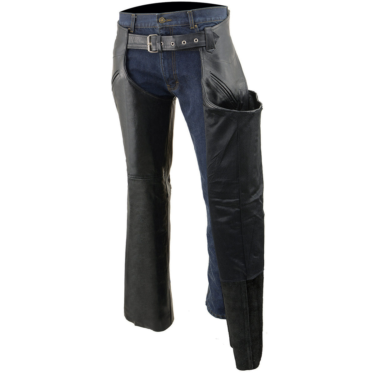 Milwaukee Leather Men's Black Premium Leather Motorcycle Riders Chaps w/ Slash Pockets Mesh Lined - LKM5710