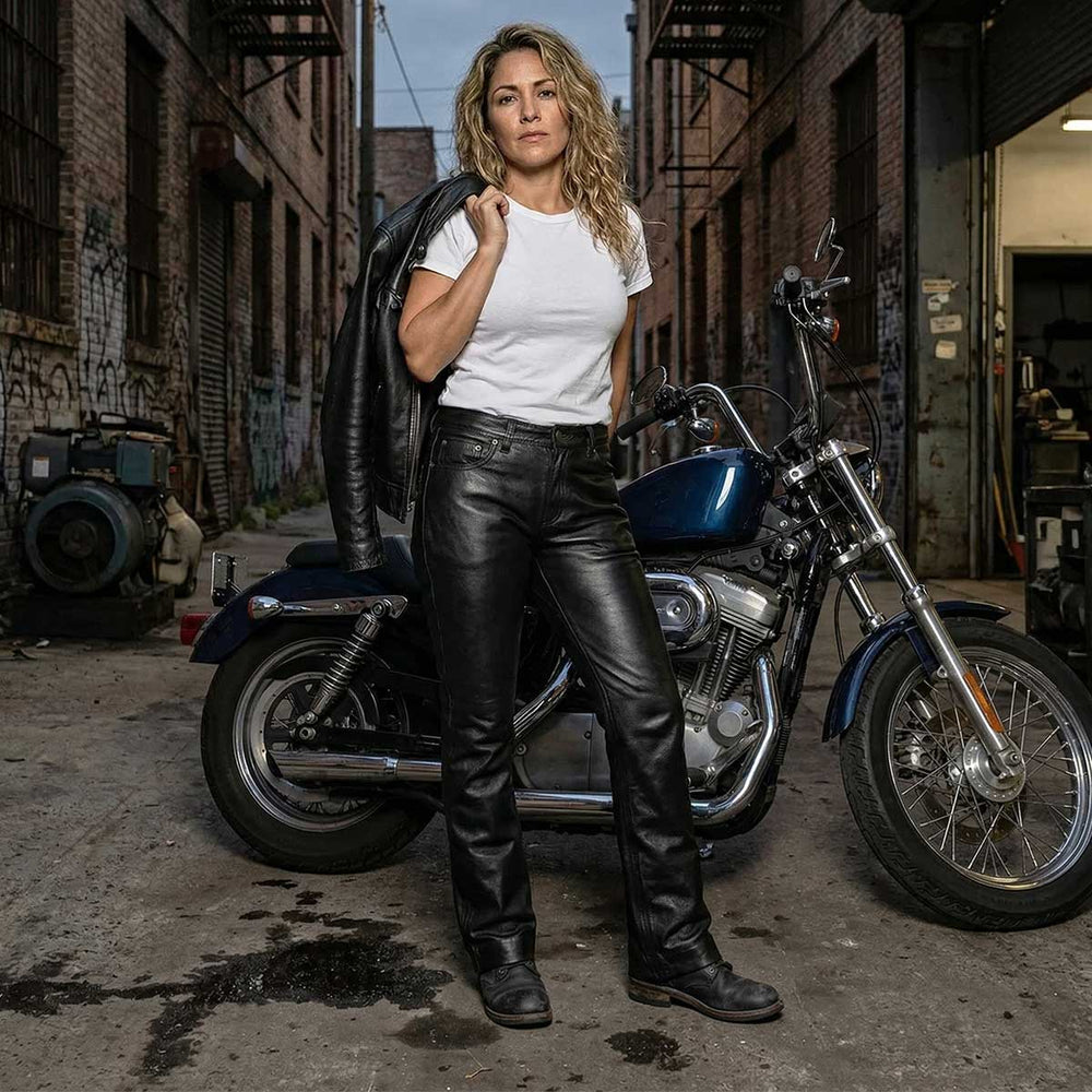 Milwaukee Leather LKM5719 Women's Black Premium Buffalo Leather Motorcycle Rider Casual Fashion Pants