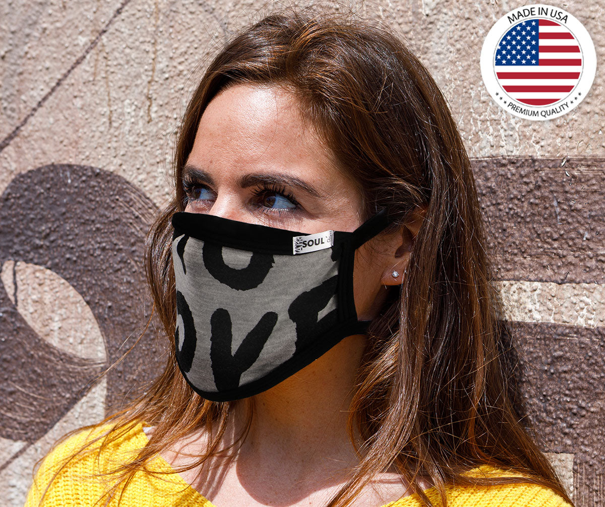 Air Soul MP7923FM USA Made 'Love' Grey and Black Protective Face Mask with Optional Filter Pocket