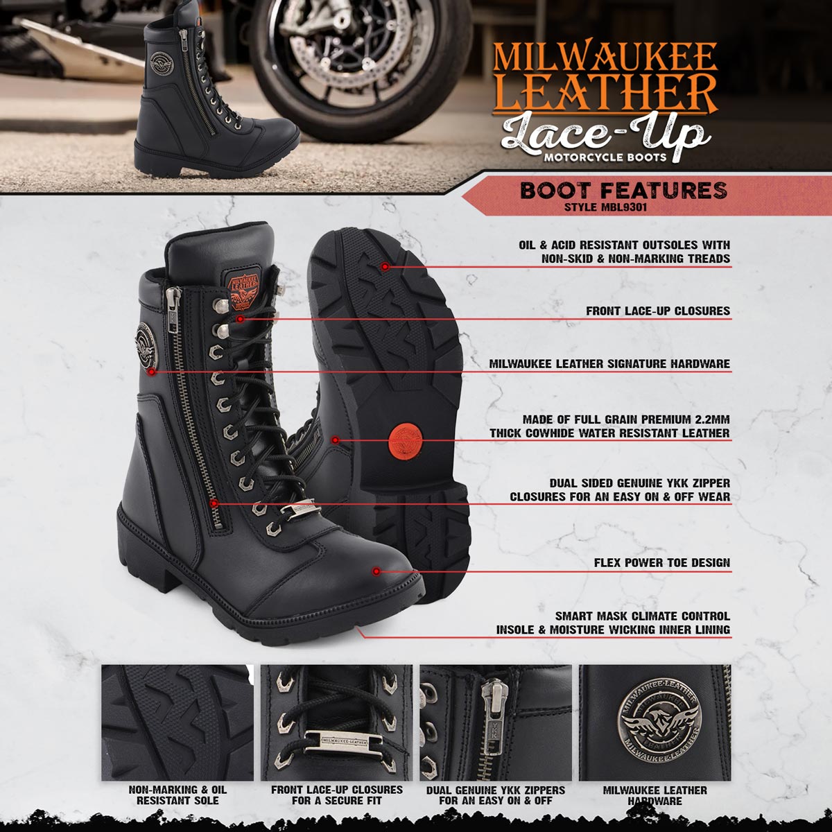 Milwaukee Leather MBL9301 Women's Black Leather Lace-Up Motorcycle