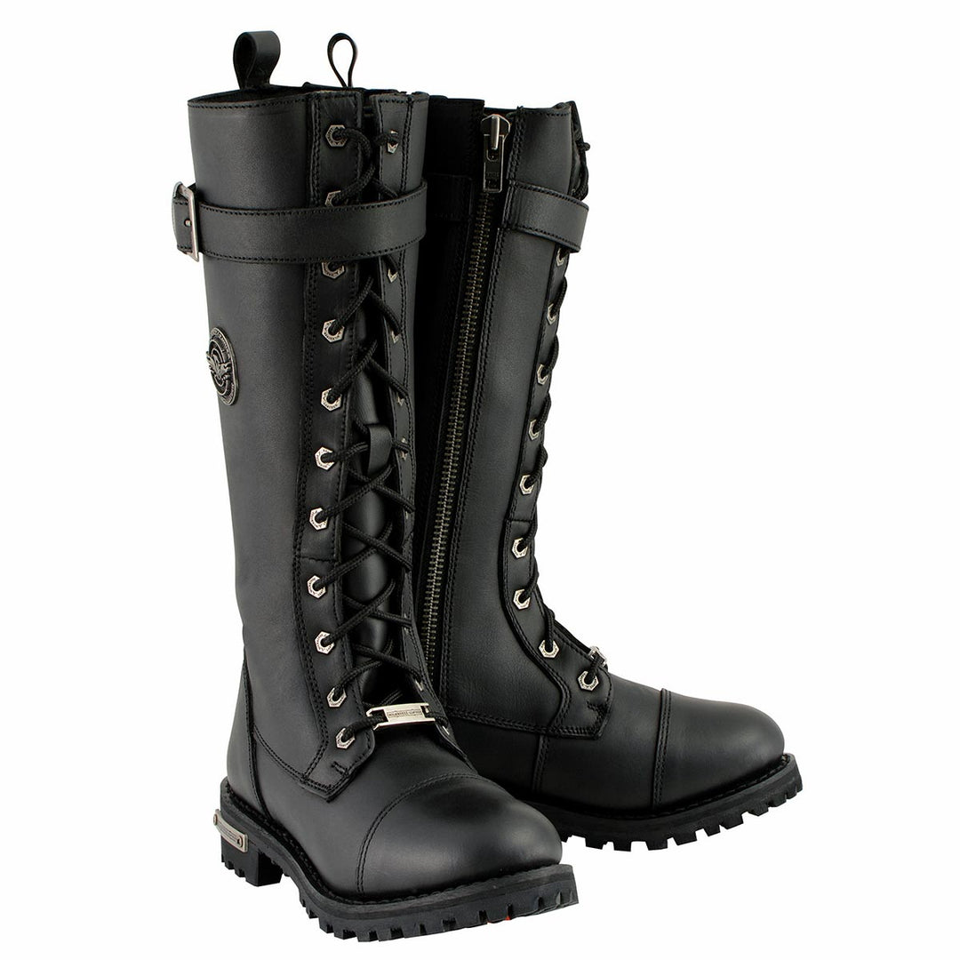 Milwaukee Leather Women's Black 14-inch Lace-Up High-Rise Leather Biker Rider Boots with Calf Buckle MBL9355 Black / 5 Milwaukee Leather Women's Black 14-inch Lace-Up High-Rise Leather Biker Rider Boots with Calf Buckle MBL9355 Black / 5