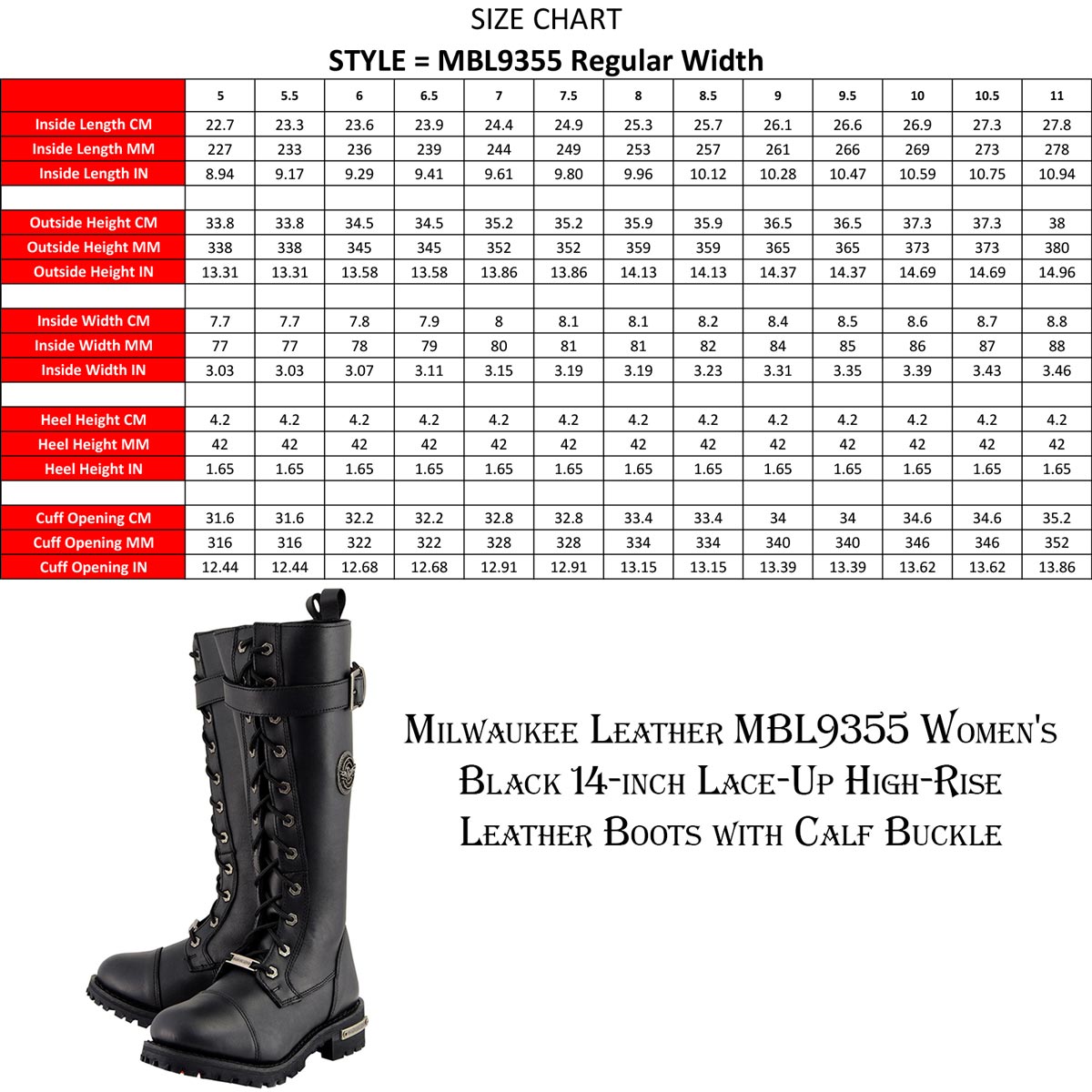 Milwaukee Leather Women's Black 14-inch Lace-Up High-Rise Leather Biker Rider Boots with Calf Buckle MBL9355