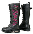 Milwaukee Leather MBL9356 Women's Black 14” Tall Motorcycle Boots Lace-Up High-Rise Pink Embroidered Leather Shoe