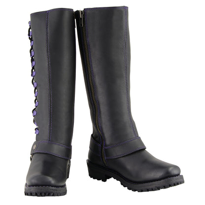 Milwaukee Leather MBL9366 Women's Black 14-inch Leather Harness Motorcycle Boots with Purple Accent Lacing