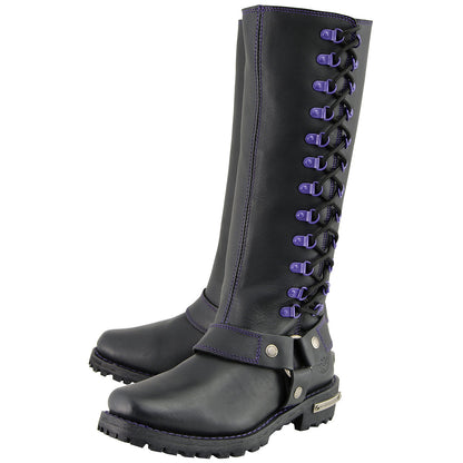 Milwaukee Leather MBL9366 Women's Black 14-inch Leather Harness Motorcycle Boots with Purple Accent Lacing