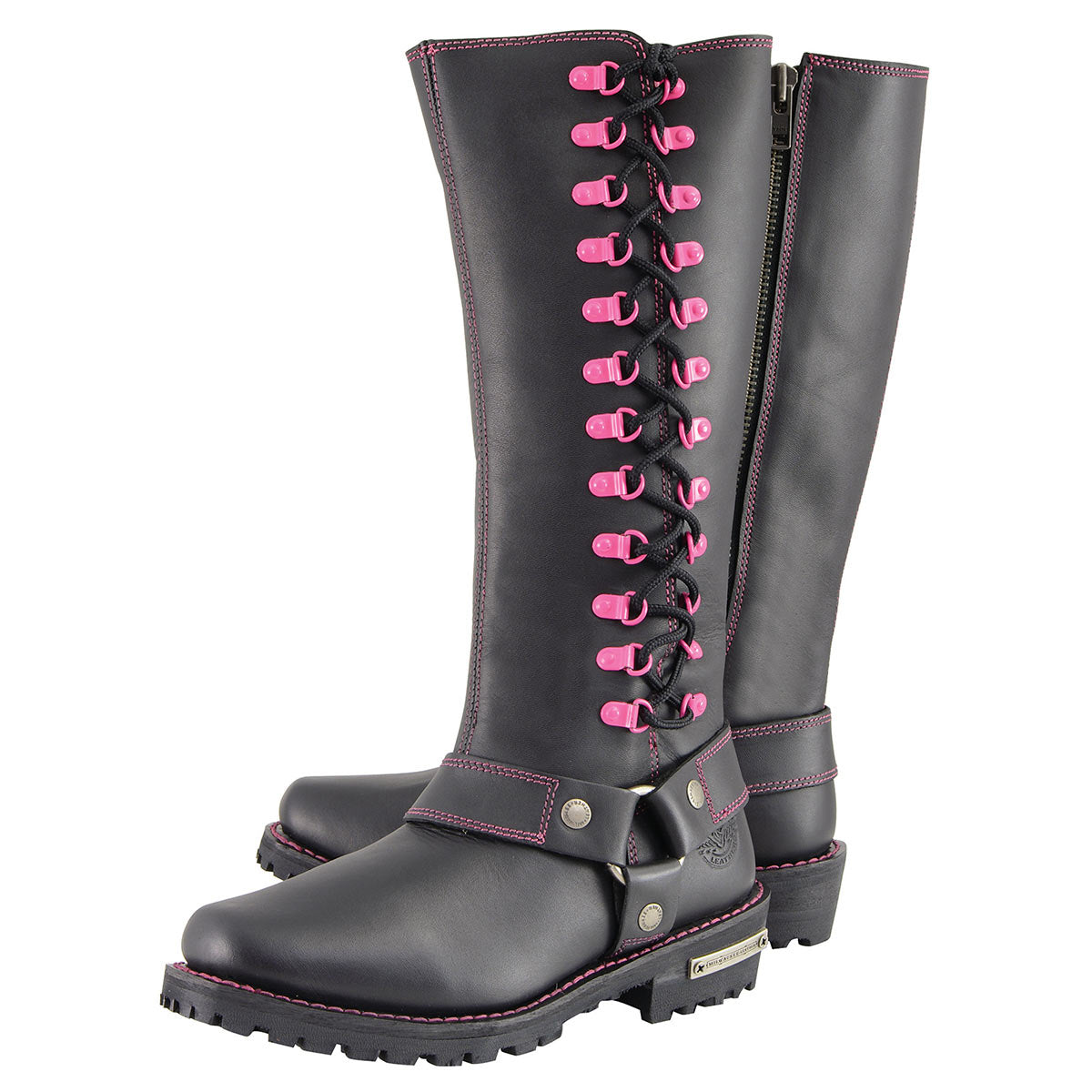 Milwaukee Leather MBL9367 Women's Black 14-inch Leather Harness Motorcycle Boots with Fuchsia Accent Lacing