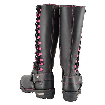 Milwaukee Leather Women's Black 14-inch Leather Harness Motorcycle Boots with Fuchsia Accent Lacing MBL9367