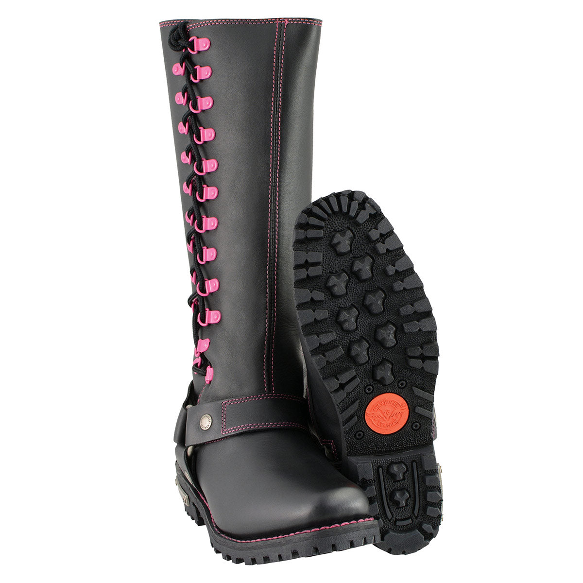 Milwaukee Leather Women's Black 14-inch Leather Harness Motorcycle Boots with Fuchsia Accent Lacing MBL9367