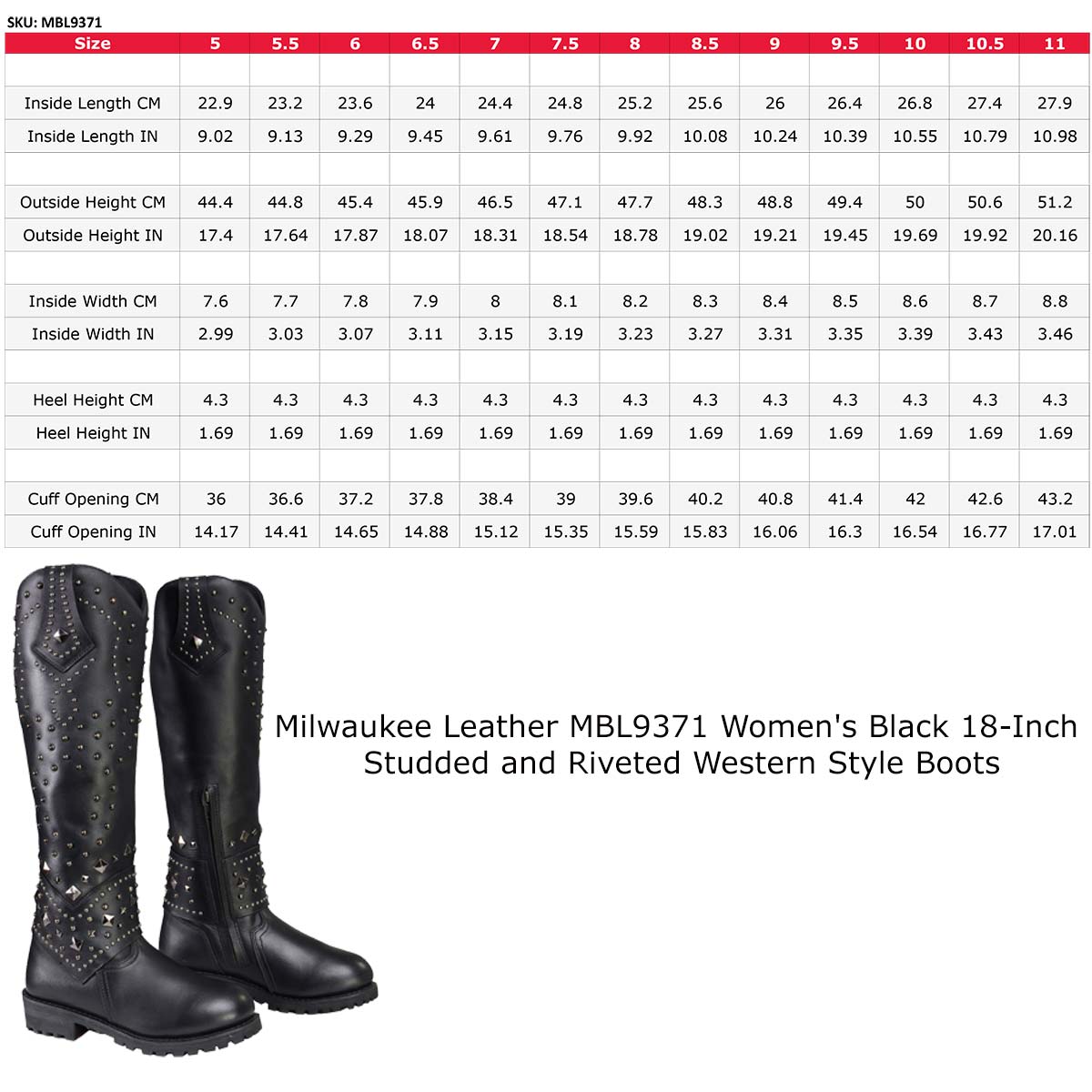 Milwaukee Leather MBL9371 Women's Black 18-Inch Leather Studded and Riveted Western Style Motorcycle Boots