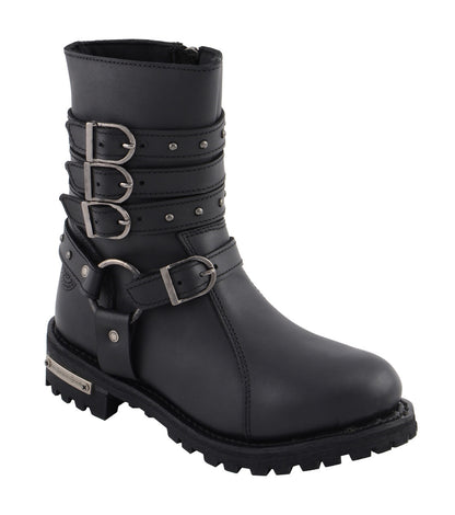 Milwaukee Leather MBL9399 Women's 9-Inch Triple Buckle Black Leather Harness Biker Boots w/ Side Zipper Entry