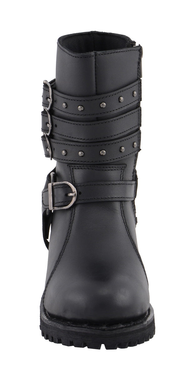 Milwaukee Leather MBL9399 Women's 9-Inch Triple Buckle Black Leather Harness Biker Boots w/ Side Zipper