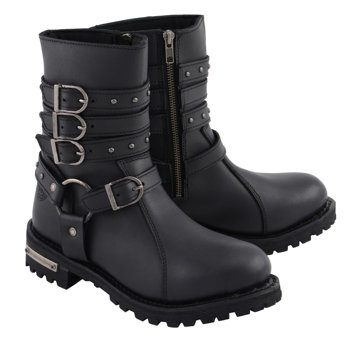 Milwaukee Leather MBL9399 Women's 9-Inch Triple Buckle Black Leather Harness Biker Boots w/ Side Zipper Entry