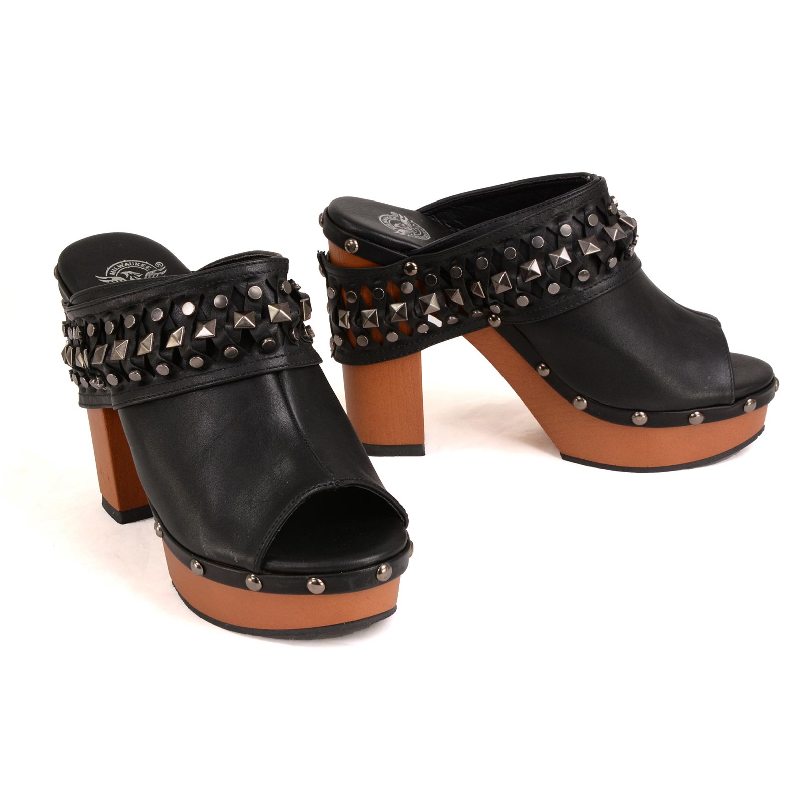 Milwaukee Leather MBL9415 Women's Black Peep-Toe Platform Fashion Casual Clog with Wrap Around Studding