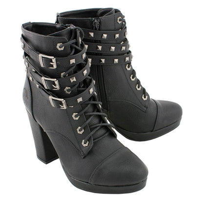 Milwaukee Leather MBL9417 Women's Black Lace-Up Fashion Boots with Triple Strap Studded Accents